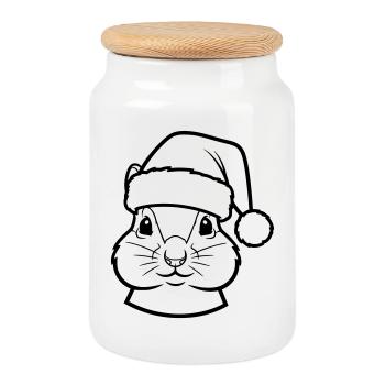 Cute animal face with Christmas hat - Cookie Jar with Wooden Lid - white - Front
