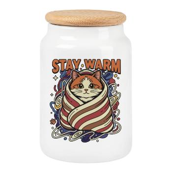 Restez au chaud : chat de l’espace en écharpe - Boîte à biscuits avec couvercle en bois - blanc - Devant