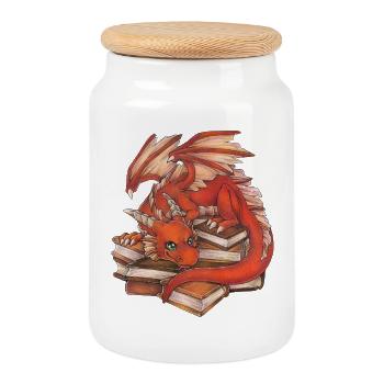 Niedlicher Roter Drache auf Bücherstapel Geschenk - Keksdose mit Holzdeckel - Weiß - Vorne