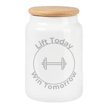 Soulevez Today Win Tomorrow – Motivational Gym Dumbbel - Boîte à biscuits avec couvercle en bois - blanc - Devant