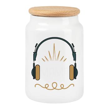 Mom & Music – Retro Headphone Design for Music - Cookie Jar with Wooden Lid - white - Front