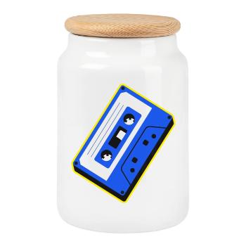 Blue Cassette Tape Retro Illustration - Cookie Jar with Wooden Lid - white - Front