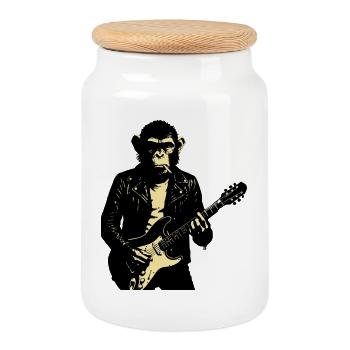 Rock Monkey Gitarrist in Leder - Keksdose mit Holzdeckel - Weiß - Vorne