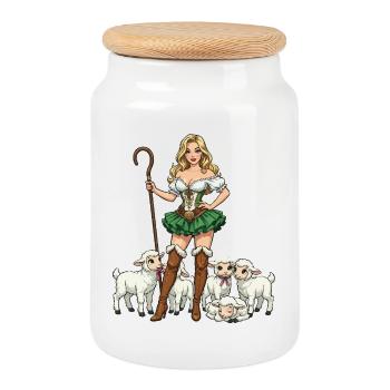 Dirndl Shepherdess and Lambs - Cookie Jar with Wooden Lid - white - Front