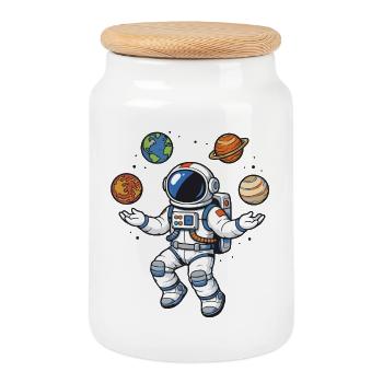 Astronaute flottant avec des planètes dans un style bande dessinée - Boîte à biscuits avec couvercle en bois - blanc - Devant