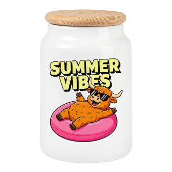 Summer Vibes Highland Cow on Pink Float - Cookie Jar with Wooden Lid - white - Front