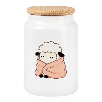 Sleeping Sheep – Cute Cozy Illustration - Cookie Jar with Wooden Lid - white - Front