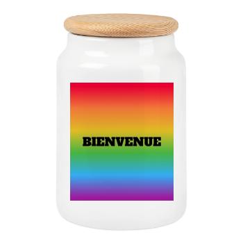 LGBT welcome Bienvenue in French - rainbow  - Cookie Jar with Wooden Lid - white - Front