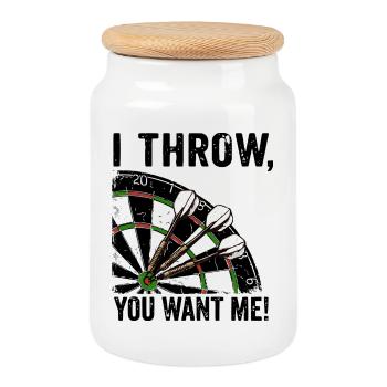 Darts Fun Hoodie, Shirt "I Throw, you want me" - Keksdose mit Holzdeckel - Weiß - Vorne
