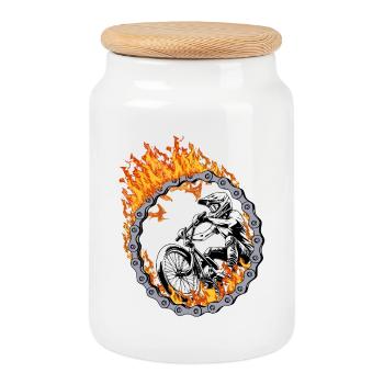 BMX Rider Fire Ring - Cookie Jar with Wooden Lid - white - Front