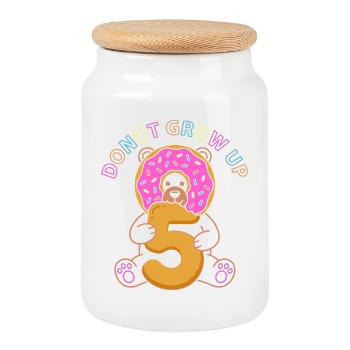 Donut Grow Up 5th Birthday Bear - Cookie Jar with Wooden Lid - white - Front