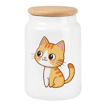 Kawaii orange kitten sitting with mischievous smile - Cookie Jar with Wooden Lid - white - Front