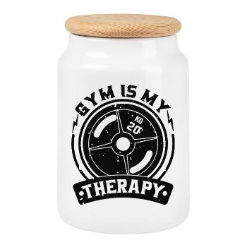 Weight Plate Therapy Gym Motif - Cookie Jar with Wooden Lid - white - Front