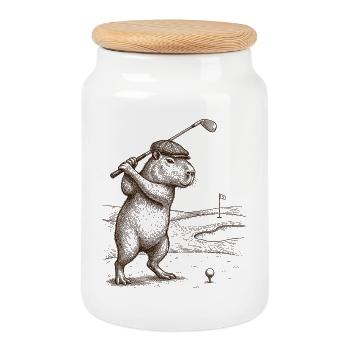 Funny Capybara Playing Golf Golfer - Cookie Jar with Wooden Lid - white - Front