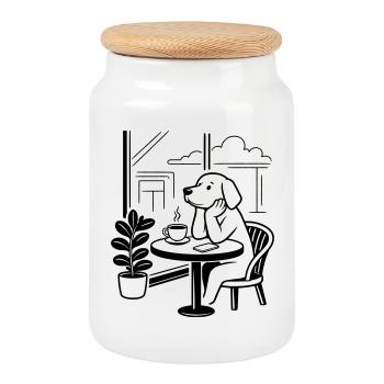 Dog in the café - Cookie Jar with Wooden Lid - white - Front