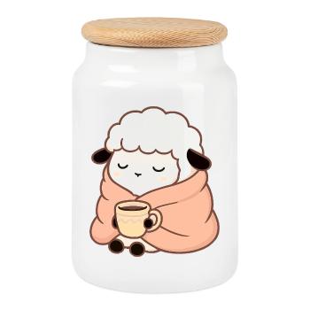 Mouton au thé – Illustration calme - Boîte à biscuits avec couvercle en bois - blanc - Devant