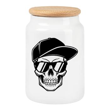 Crâne de dessin animé avec casquette – design de bande dessinée espiègle - Boîte à biscuits avec couvercle en bois - blanc - Devant