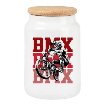 BMX Rider in Red Background - Cookie Jar with Wooden Lid - white - Front