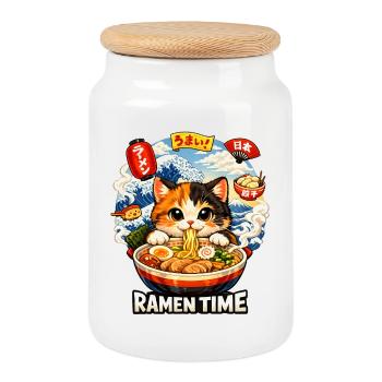 Cats Ramen Noodle Japanese Anime Manga Kawaii - Cookie Jar with Wooden Lid - white - Front
