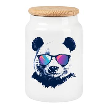 Cool Panda with Neon Sunglasses Portrait Motif - Cookie Jar with Wooden Lid - white - Front