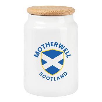 Motherwell Scotland Shield - Cookie Jar with Wooden Lid - white - Front