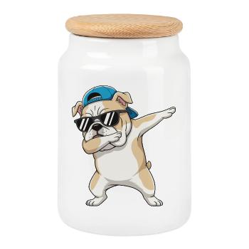 Cool Dabbing Bulldog Sunglasses Cartoon Art - Cookie Jar with Wooden Lid - white - Front