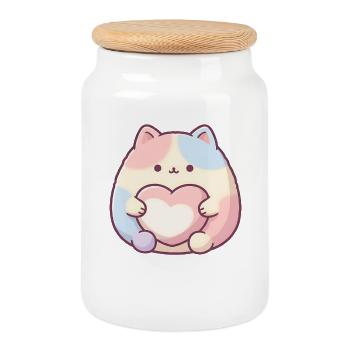 Pastel Kitten Heart Kawaii Cat - Cookie Jar with Wooden Lid - white - Front