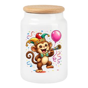 Carnival Monkey – Cheerful Carnival Motif - Cookie Jar with Wooden Lid - white - Front