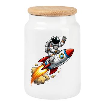 Dessin animé astronaute sur fusée - Boîte à biscuits avec couvercle en bois - blanc - Devant
