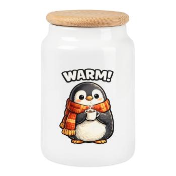Warming penguin with coffee - Cookie Jar with Wooden Lid - white - Front