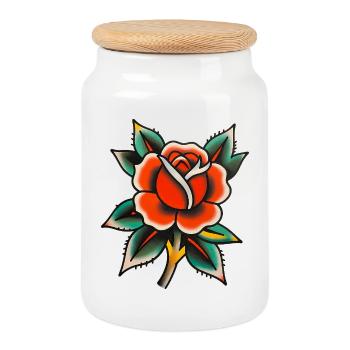 Classic Tattoo Rose - Cookie Jar with Wooden Lid - white - Front