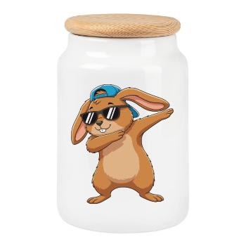 Cool Dabbing Rabbit Sunglasses Cartoon Art - Cookie Jar with Wooden Lid - white - Front