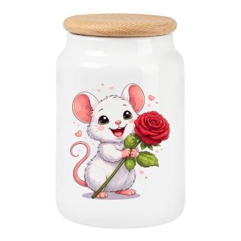 Souris mignonne avec une rose – Motif de la Saint-Valentin plein d’amour - Boîte à biscuits avec couvercle en bois - blanc - Devant