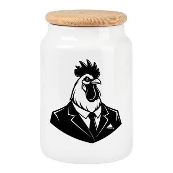 Coq en costume – Animal d’affaires drôle - Boîte à biscuits avec couvercle en bois - blanc - Devant
