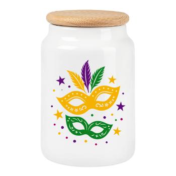 Carnival Masks with Stars & Colorful Feathers - Cookie Jar with Wooden Lid - white - Front