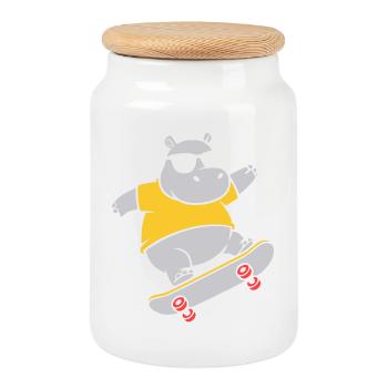 Cool Hippopotamus Skater Skateboard Vector - Cookie Jar with Wooden Lid - white - Front