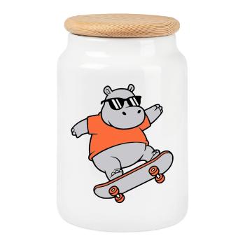 Cooles Nilpferd Skater Skateboard Vektor - Keksdose mit Holzdeckel - Weiß - Vorne