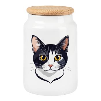 Portrait contrasté de tête de chat Yeux jaunes Motif de chat - Boîte à biscuits avec couvercle en bois - blanc - Devant