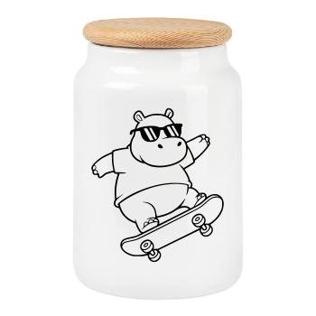Cooler Skater Nilpferd Skateboard Outline - Keksdose mit Holzdeckel - Weiß - Vorne