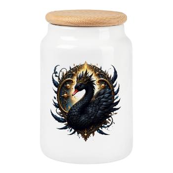 Imperial Black Swan on Golden Hoop - Cookie Jar with Wooden Lid - white - Front