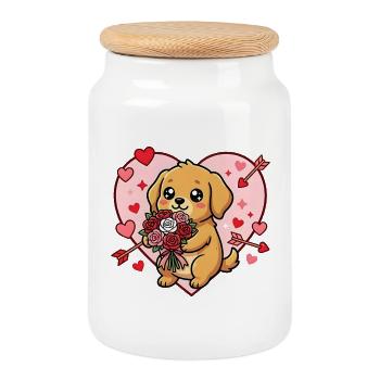 Kawaii-Hund mit Rosen Valentinsherz - Keksdose mit Holzdeckel - Weiß - Vorne