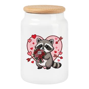 Kawaii Raccoon Valentine Flower Heart - Cookie Jar with Wooden Lid - white - Front