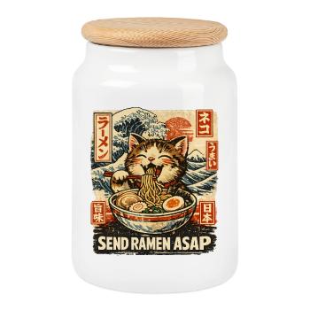 Ramen Noodles Cat Lover Retro Kawaii Cats - Cookie Jar with Wooden Lid - white - Front