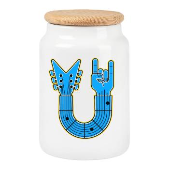 Blue U-Shape Guitar with Rock Hand - Cookie Jar with Wooden Lid - white - Front