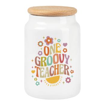 Groovy teacher with heart and flowers - Cookie Jar with Wooden Lid - white - Front