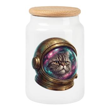 Astronaute chat dans un casque spatial - Boîte à biscuits avec couvercle en bois - blanc - Devant