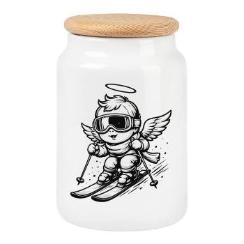 Ange cool sur des skis avec des lunettes de protection - Boîte à biscuits avec couvercle en bois - blanc - Devant