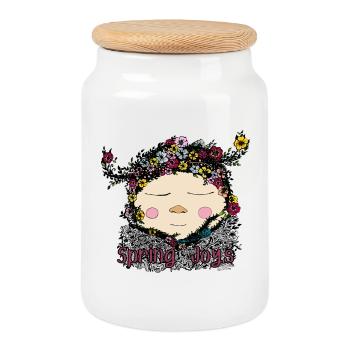 Spring Joy Gnome – Cozy Nature Illustration - Cookie Jar with Wooden Lid - white - Front