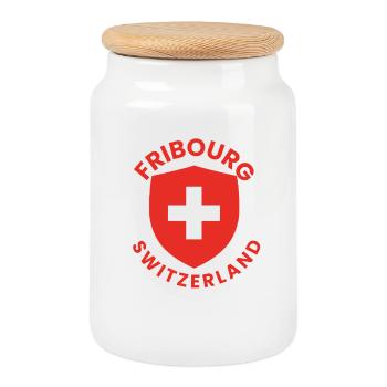 Bouclier suisse de Fribourg avec croix - Boîte à biscuits avec couvercle en bois - blanc - Devant