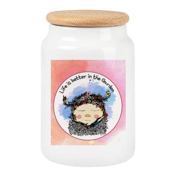Life Is Better in the Garden – Gnome with Flowers  - Cookie Jar with Wooden Lid - white - Front